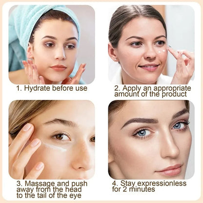 Cetiri kvadrantne slike koje prikazuju korake za upotrebu kreme za negu ociju: 1. Hidrirati pre upotrebe, 2. Naneti odgovarajucu kolicinu proizvoda, 3. Umasirati i razmazati od unutrasnjeg ugla oka ka spoljasnjem, 4. Zadrzati miran izraz lica dva minuta.