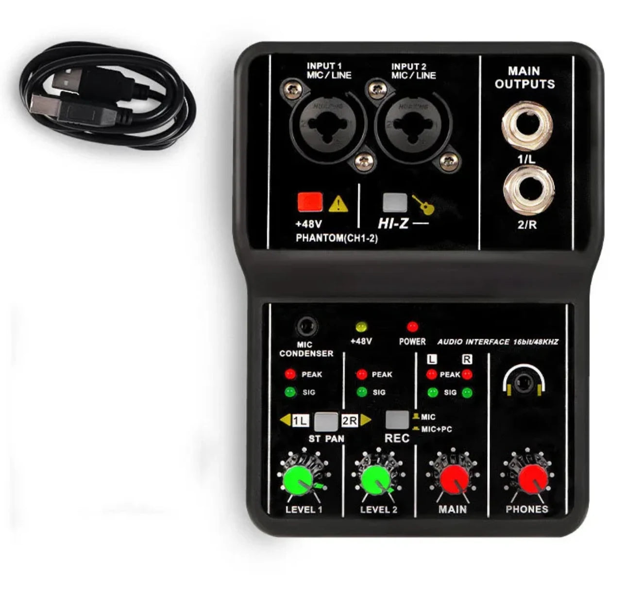 USB audio mikseta sa gornjim panelom i prilozenim USB kablom