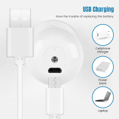 USB prikljucak za prenosivi rasprsivac za lice. Prikaz punjenja bez baterija, omogucavajuci punjenje preko punjaca, power bank-a ili laptopa.