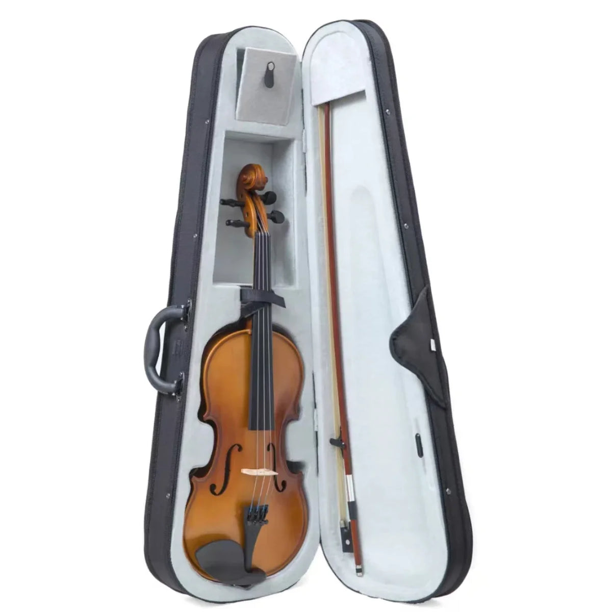 otvorena uspravna futrola sa decijom violinom i prostorom za pribor