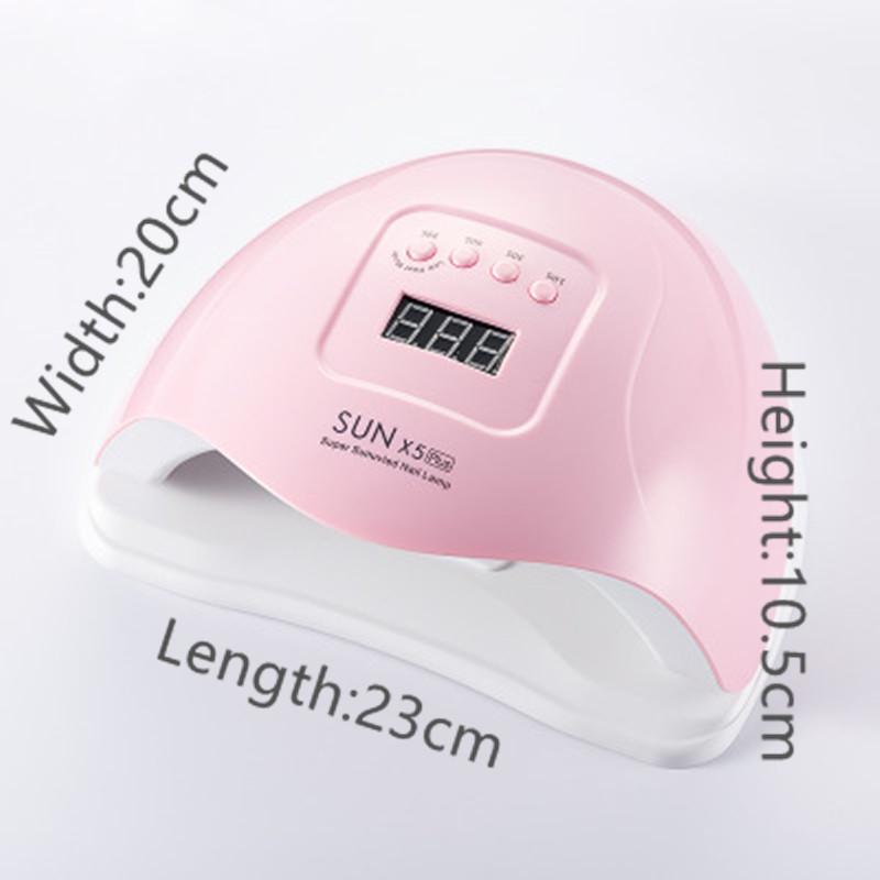Roze uv led lampa za nokte 54w sa prikazanim dimenzijama i digitalnim ekranom