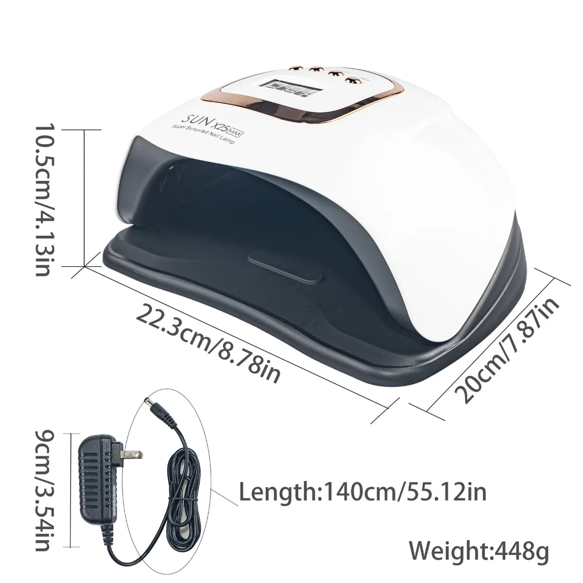 Dimenzije UV LED lampe za nokte SUN X25 MAX sa adapterom