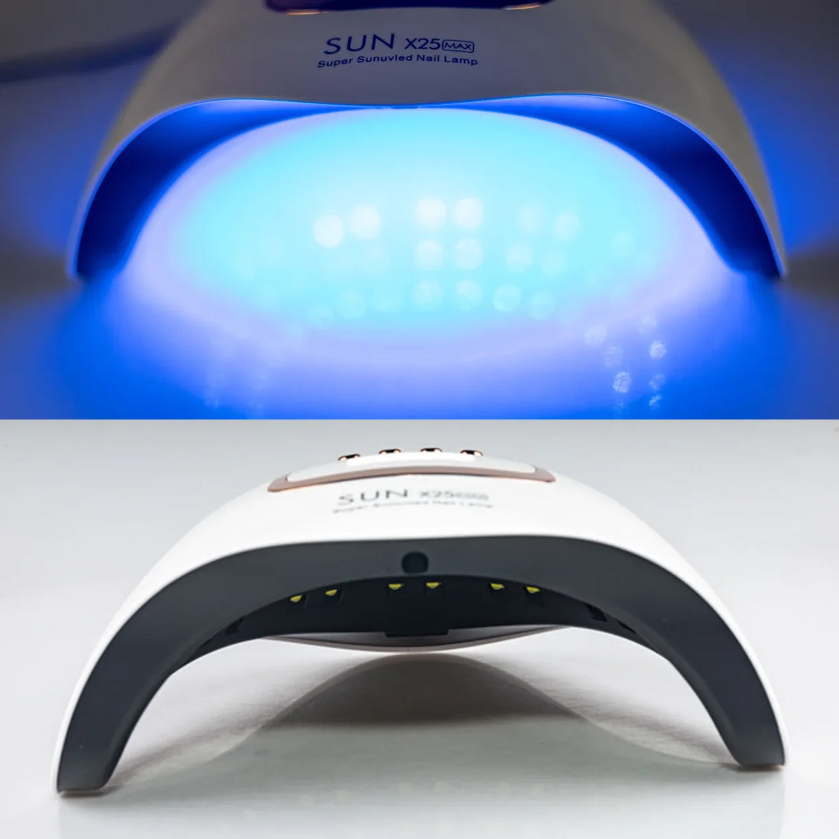 UV LED lampa za nokte SUN X25 MAX prikazana ukljucena i iskljucena