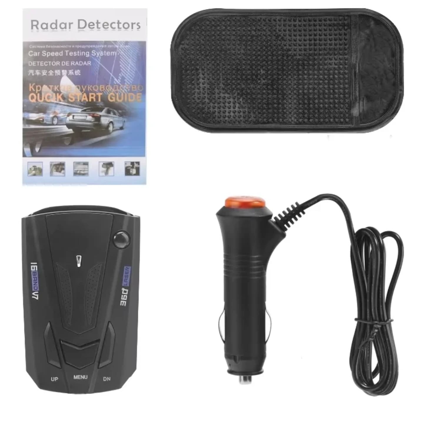 kompletna oprema za v7 radar detektor koja sadrzi punjac uputstvo i podlogu