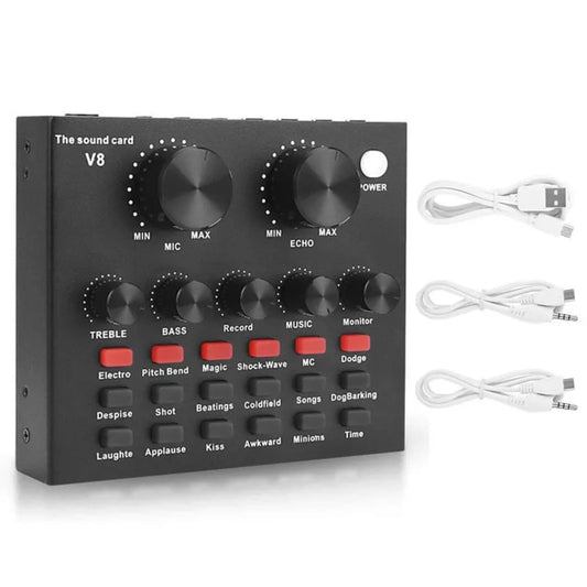 V8 zvucna kartica namenjena za snimanje glasa, live streaming i online komunikaciju, sa preciznim kontrolama za mikrofon, muziku i efekte u realnom vremenu.