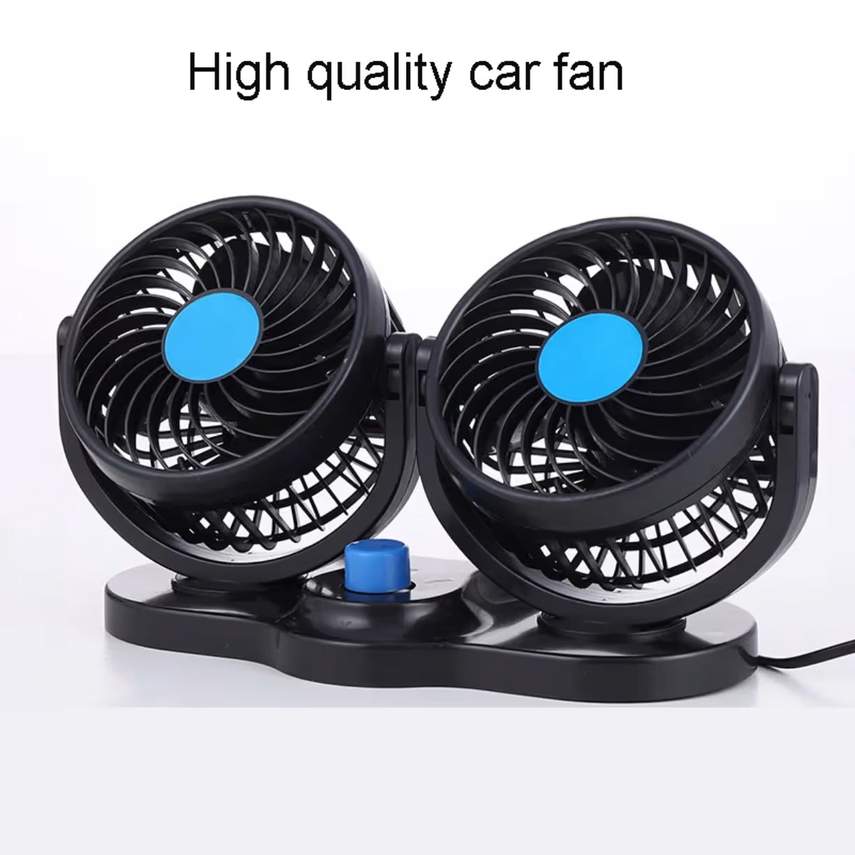 Prikaz dva spojena mini ventilatora za vozilo sa plavim krugovima u sredini i centralnim prekidacem