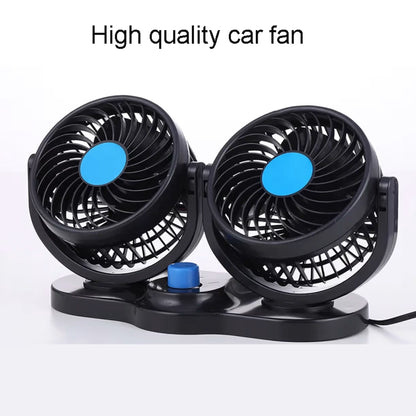 Prikaz dva spojena mini ventilatora za vozilo sa plavim krugovima u sredini i centralnim prekidacem