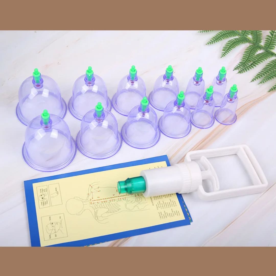 Ventuze za masazu i hidzamu set od 12 komada sa vakuum pumpom i mapom akupunkturnih tacaka za kucnu upotrebu