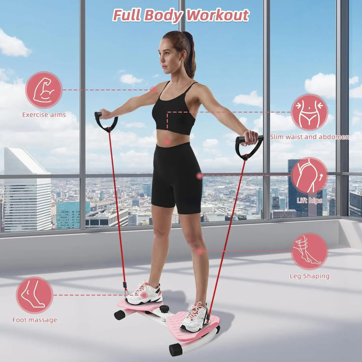 Zena vezba na rotacionoj dasci sa trakama za kompletan trening tela