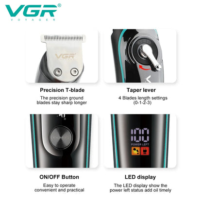 Infografika VGR V-075 trimera sa T secivom, rucicom za duzinu i LED displejem