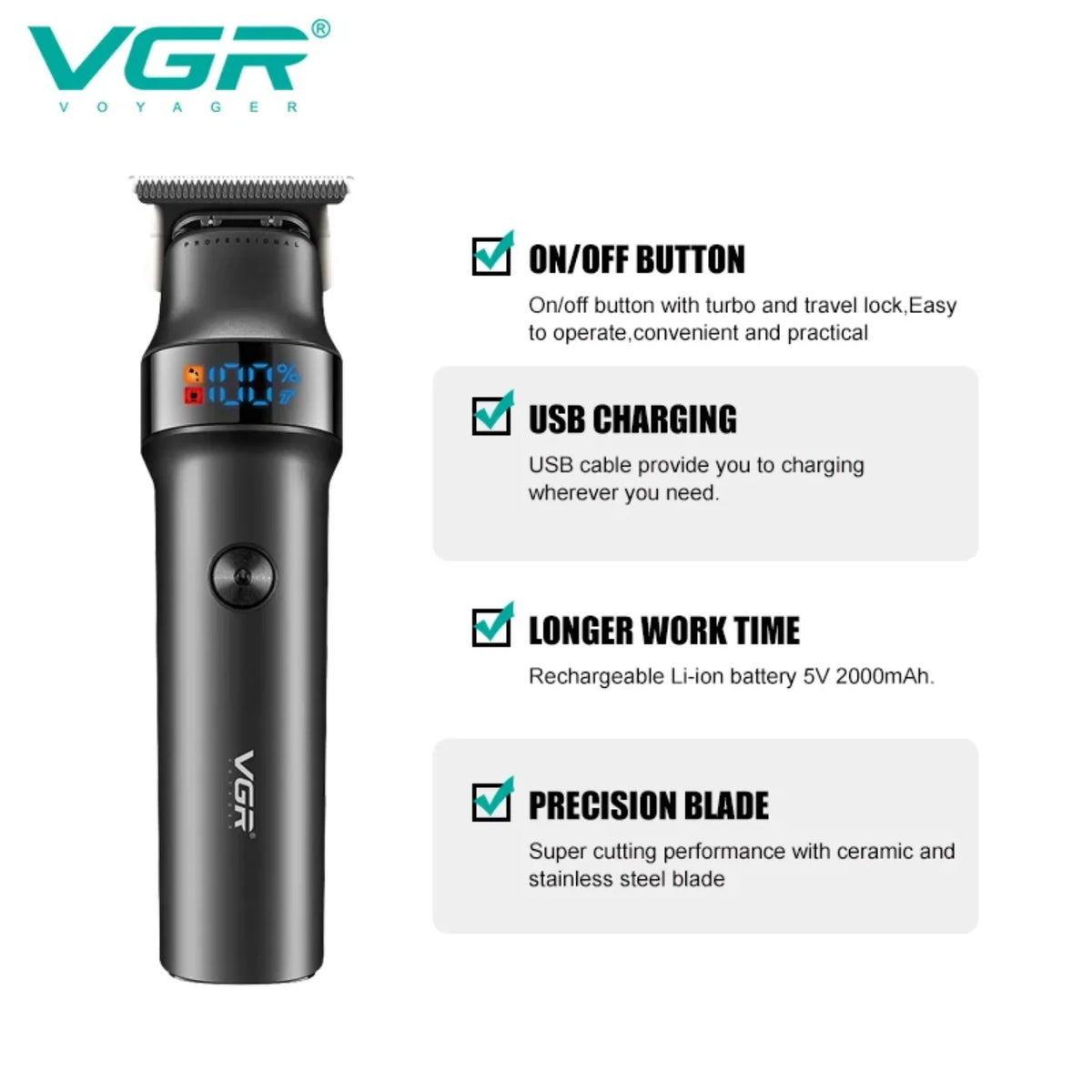 Grafika koja prikazuje glavne funkcije masinice za sisanje VGR V-995 sa naglaskom na USB punjenje, bateriju 2000 mAh i precizno secivo