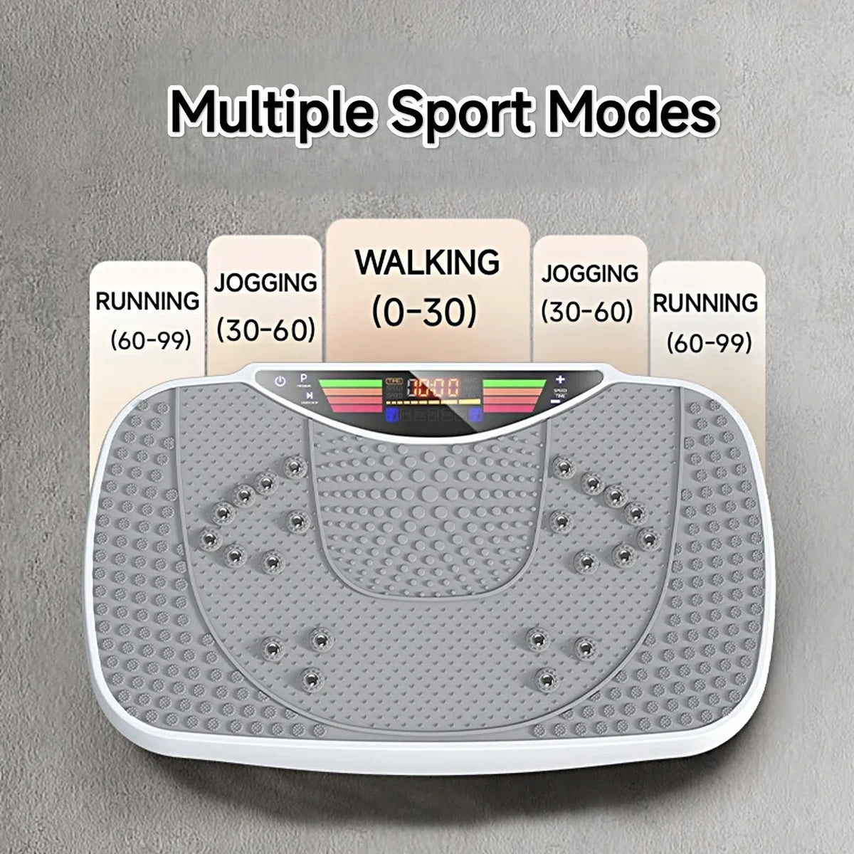 Vibraciona platforma odozgo sa oznacenim sportskim modovima hodanje, dzoging i trcanje