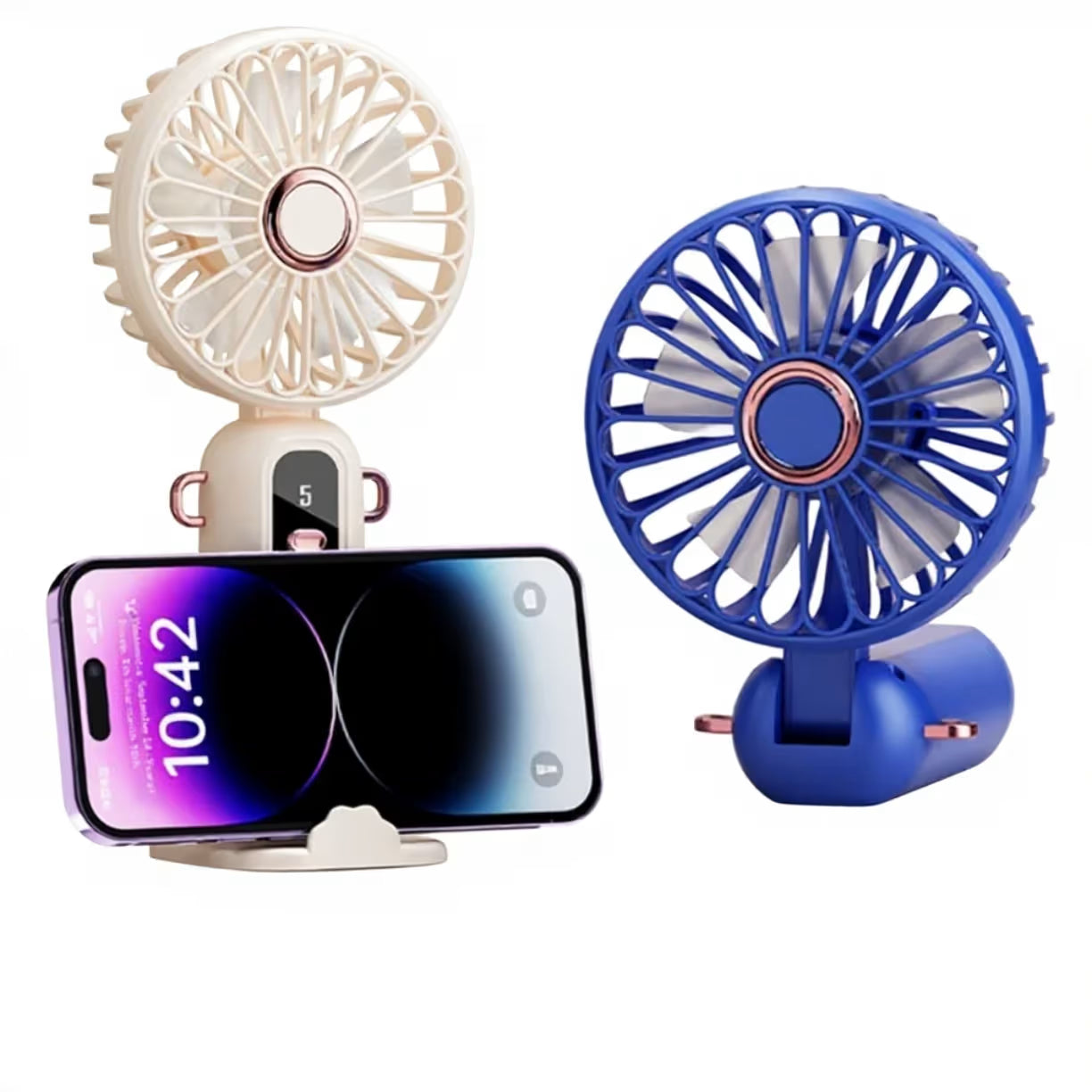 Prikaz dva modela gde beli ventilator sluzi kao podrska i drzac za telefon koji prikazuje vreme, dok je plavi model sklopljen pod uglom od devedeset stepeni