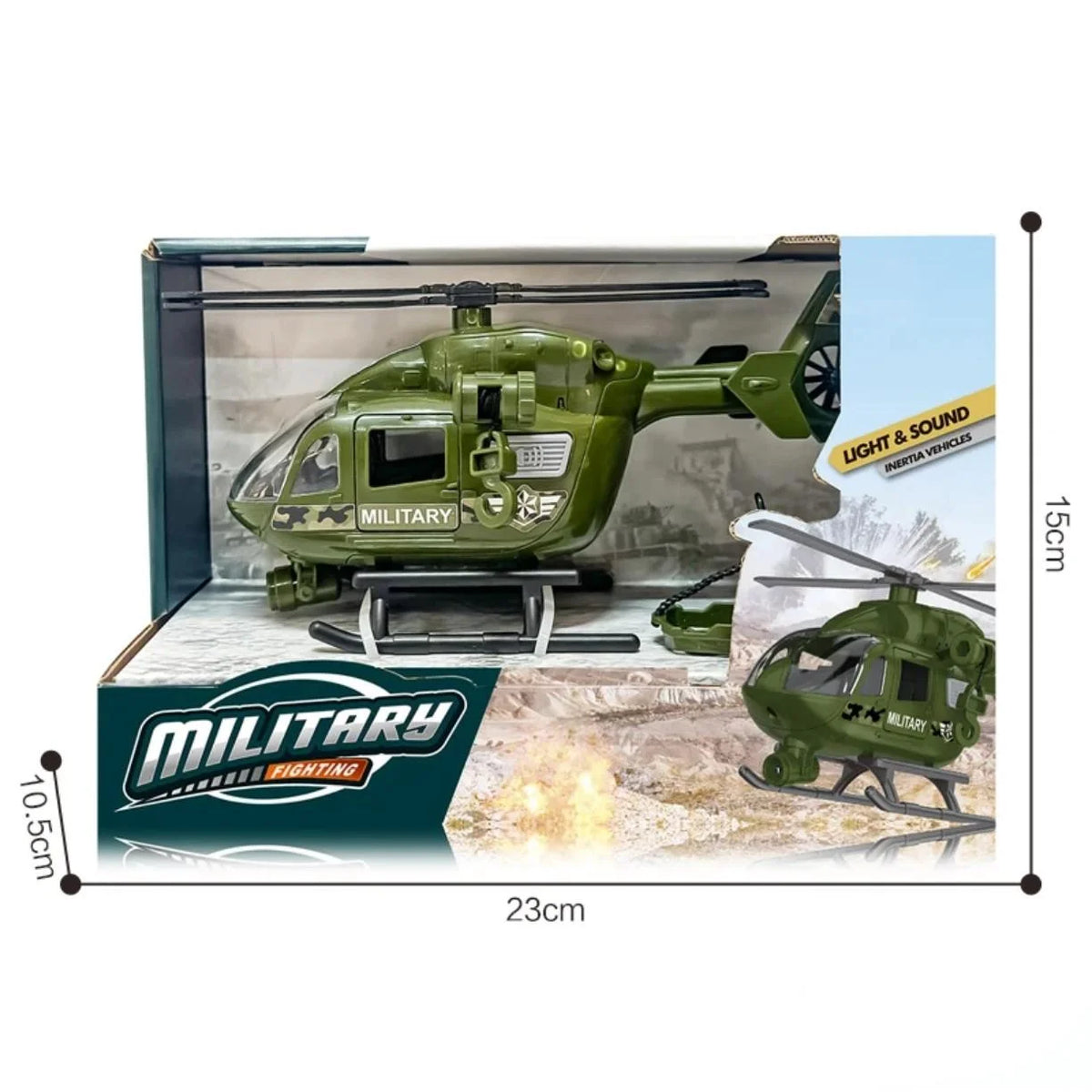 Vojni helikopter igracka u kutiji sa dimenzijama