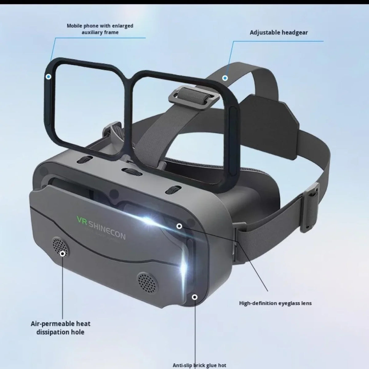 Infografika sa karakteristikama VR naocara i pomocnim ramom za telefon