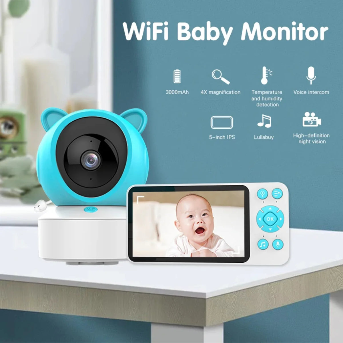 Wifi bebi monitor sa 5 incnim IPS ekranom i oznacenim glavnim funkcijama