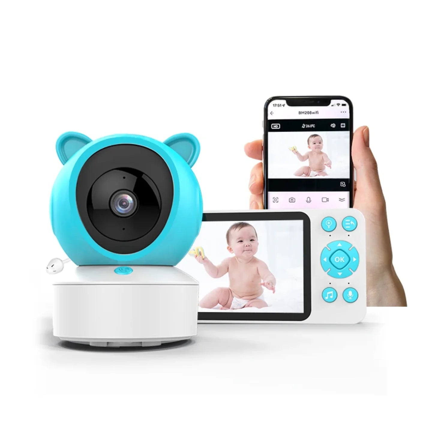 Wifi bebi monitor sa plavom kamerom, LCD ekranom i prikazom na telefonu