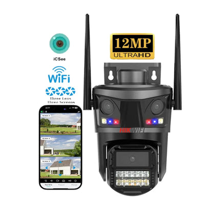 WiFi PTZ sigurnosna kamera sa tri objektiva i oznakom 12MP UltraHD na prikazu telefona