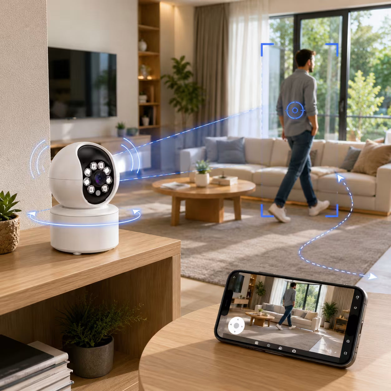 WiFi PTZ sigurnosna kamera sa automatskim pracenjem pokreta u dnevnoj sobi