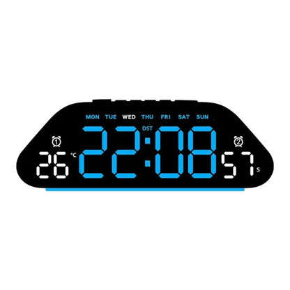 Crni zakrivljeni sat sa plavim ciframa prikazom dana alarma i temperature na beloj pozadini