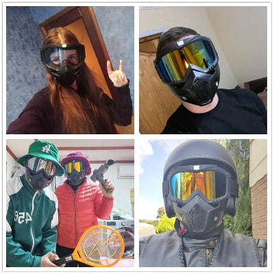 Maska u upotrebi, prikazana na glavi, pogodna za skijanje, biciklizam i voznju motora, pruza zastitu od udaraca i hladnoce.