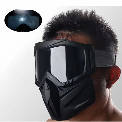 Prikaz nosenja crne zastitne maske sa tamnim staklom na licu