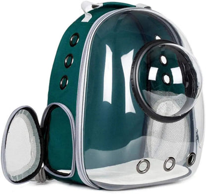 Prikaz zelenog providnog ranca za macke sa prozorom u obliku svemirske kapsule sa crnim okvirom. Ranac ima bele rucke i ivice, srebrne rajsfersluse i crne ventilacione otvore sa strane i na dnu.