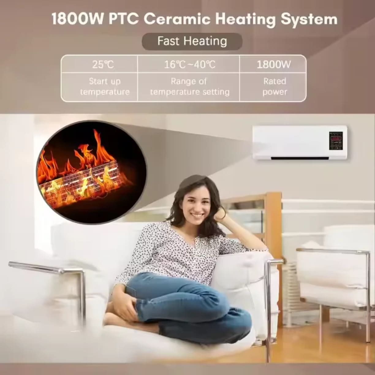 Zidna grejalica snage 1800w sa brzim ptc keramickim grejnim sistemom i podesavanjem temperature u domu