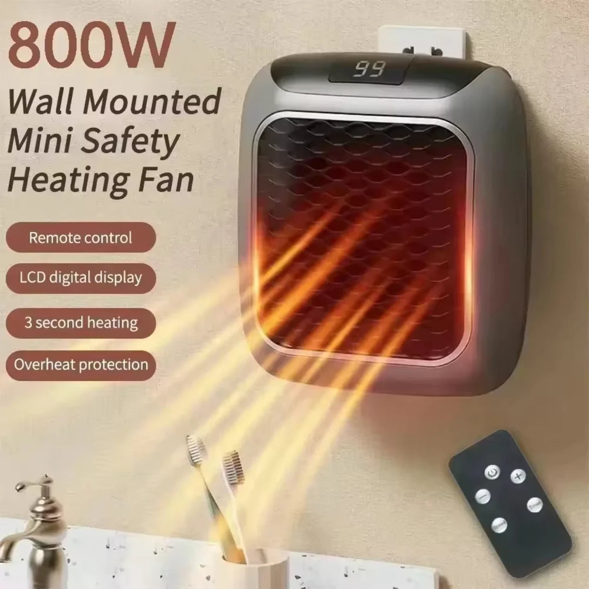Zidna mini grejalica 800w sa daljinskim i toplim vazduhom