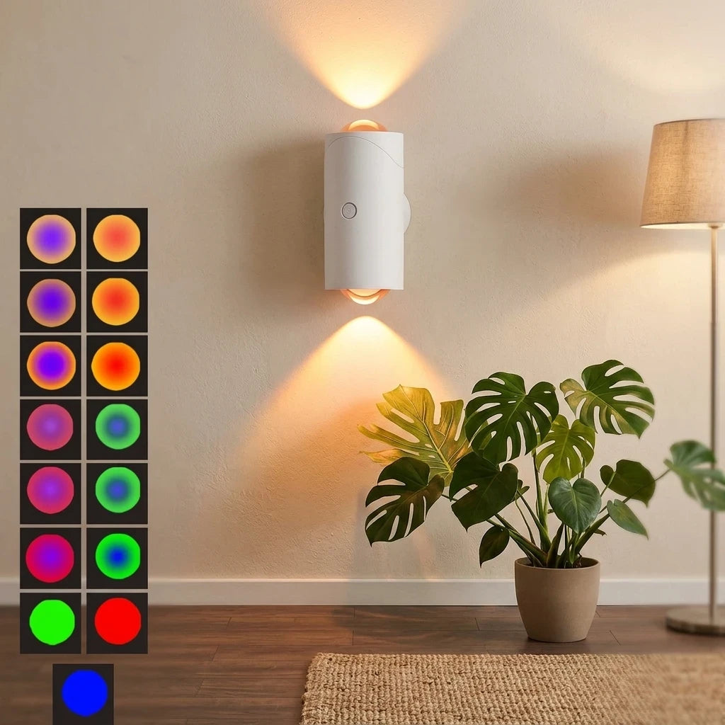 Zidna RGB lampa koja stvara toplo ambijentalno svetlo u dnevnoj sobi
