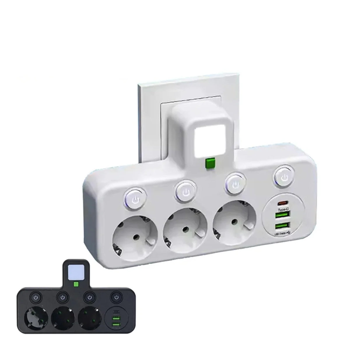 Beli zidni razdelnik sa tri uticnice i USB portovima utaknut u zid