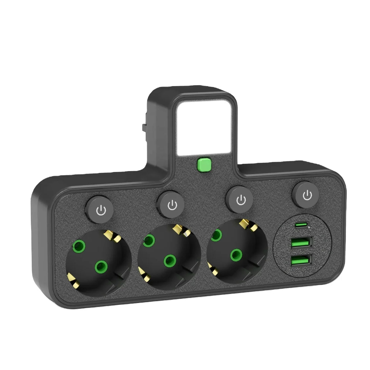 Crni zidni razdelnik tri uticnice i tri USB porta u perspektivi