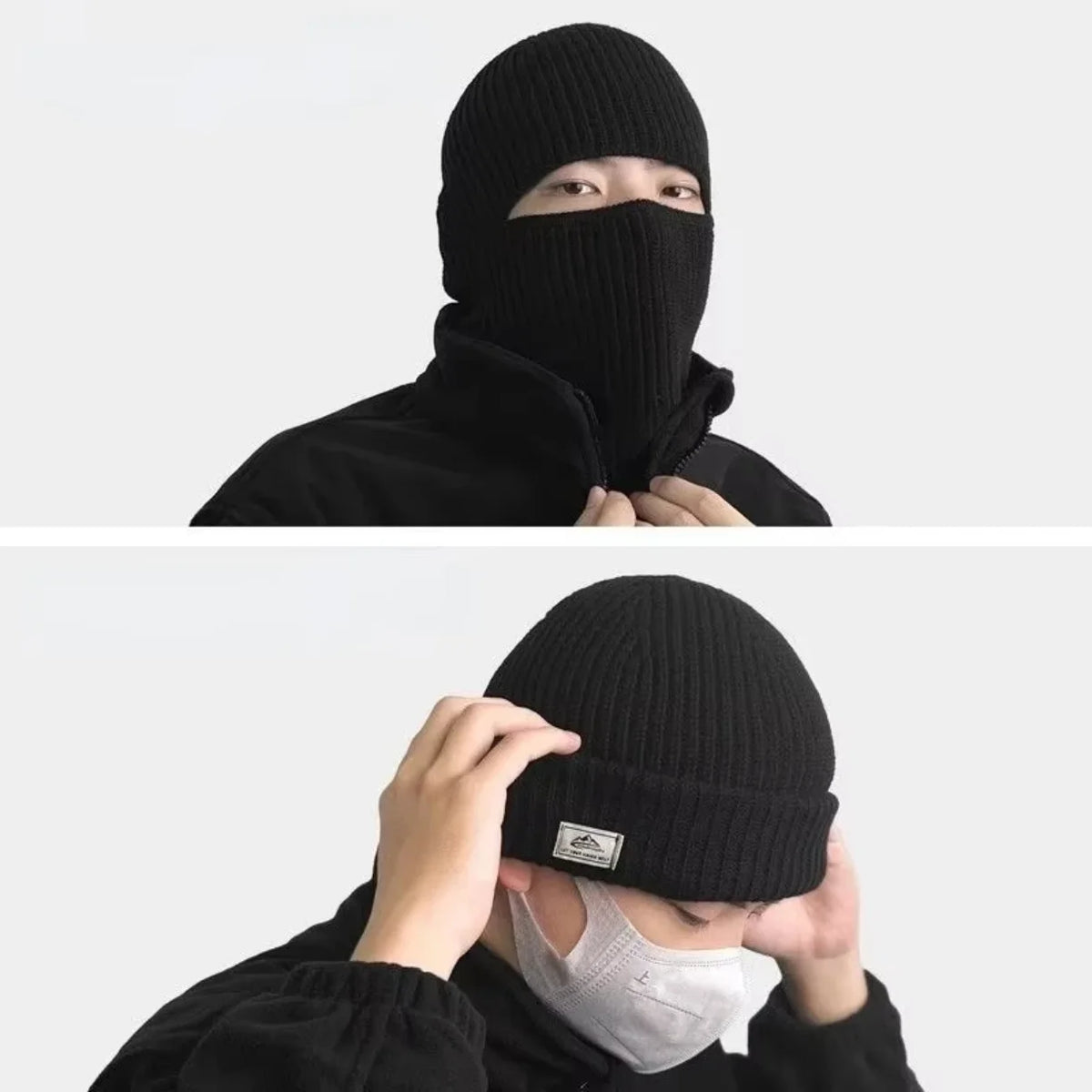 Crna zimska pletena kapa balaklava nosena kao maska i kao kapa