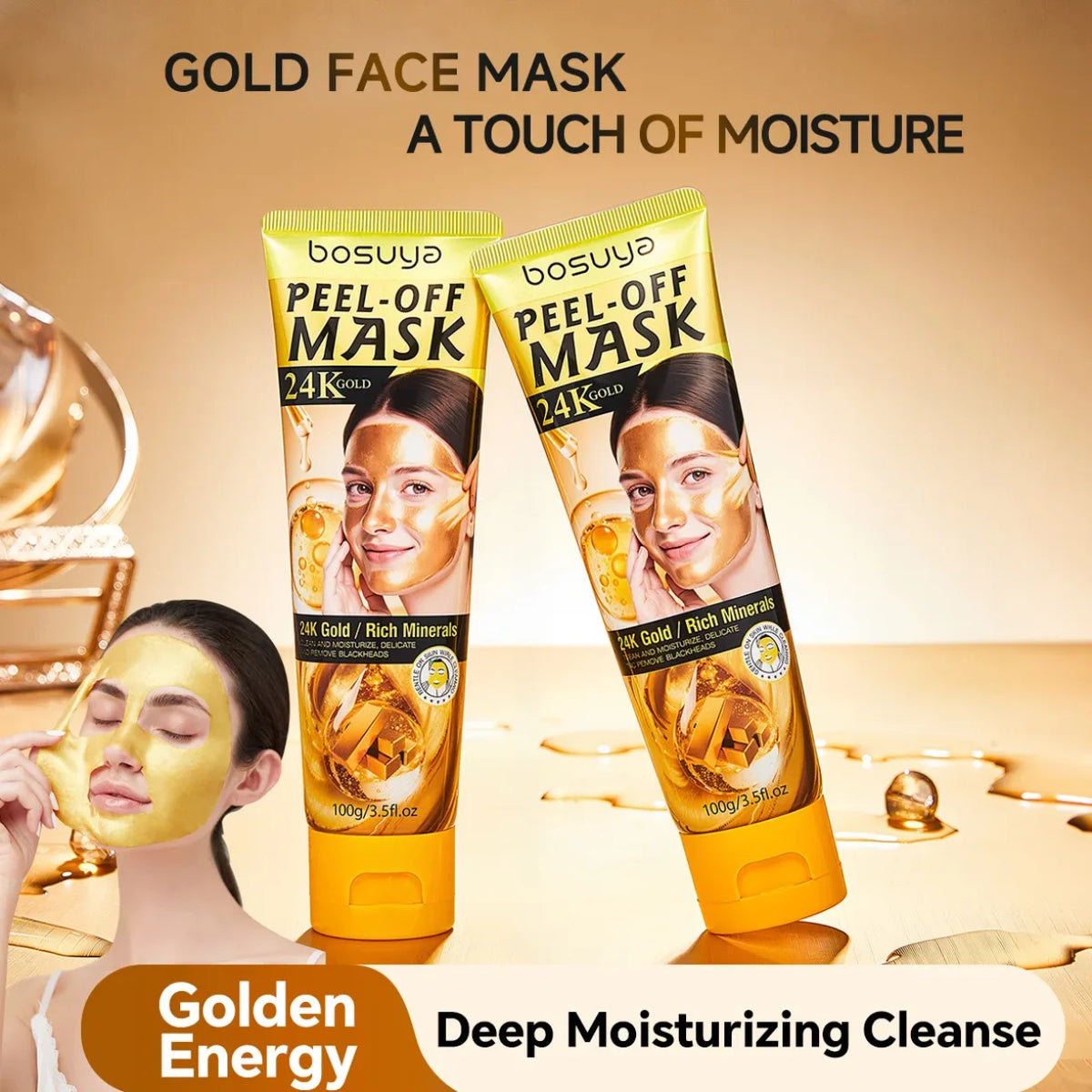 dve tube zlatne maske za lice i zena koja skida peel off film