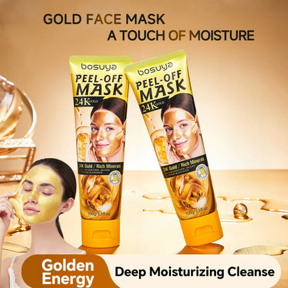 dve tube zlatne maske za lice i zena koja skida peel off film