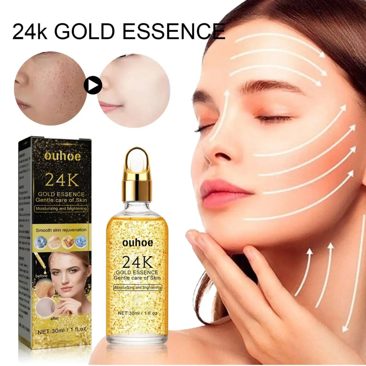 Zlatni serum 24k i model sa linijama zatezanja lica