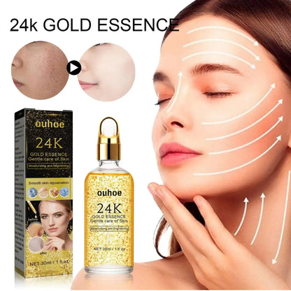 Zlatni serum 24k i model sa linijama zatezanja lica