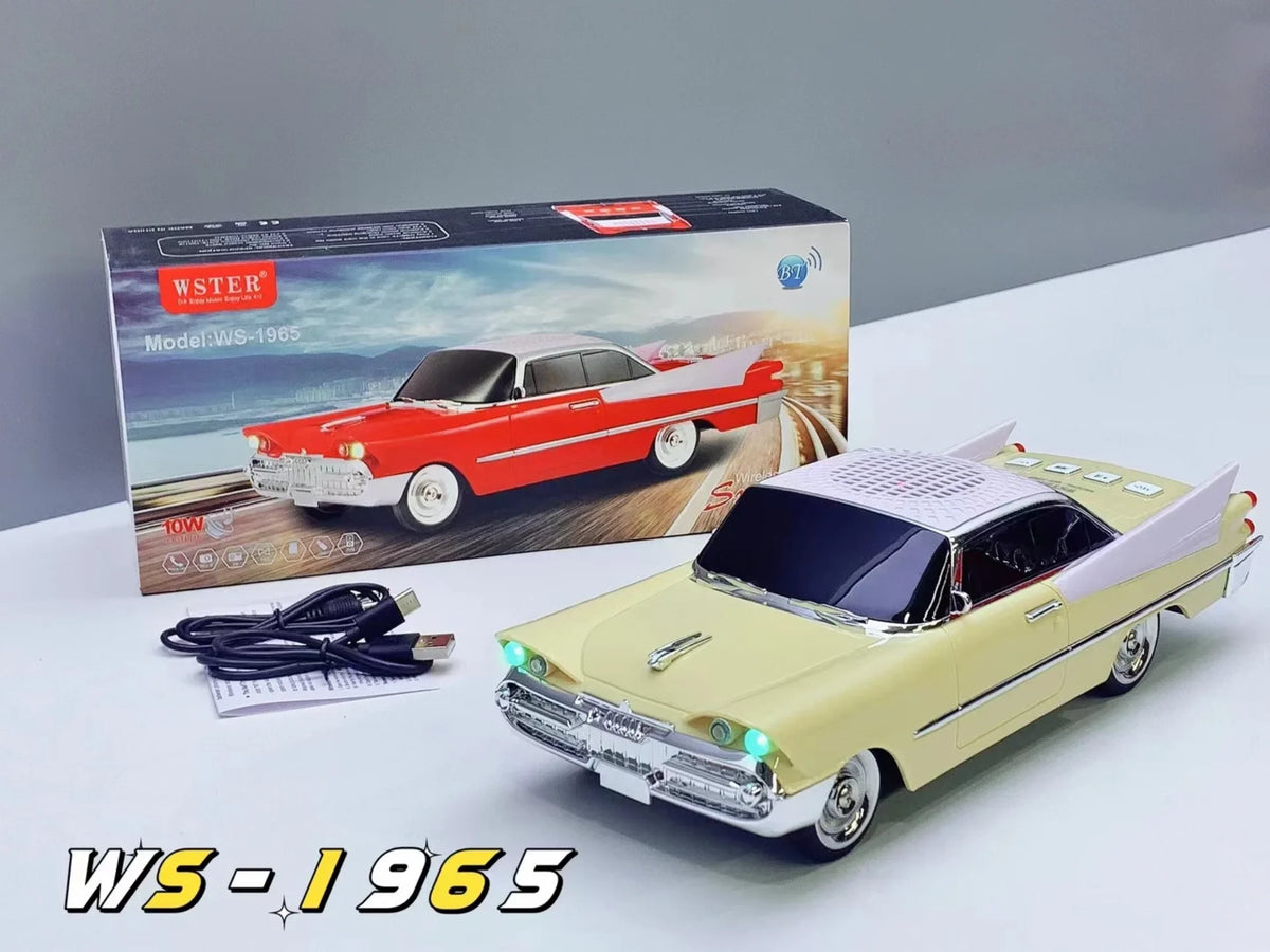 zuti retro auto bluetooth zvucnik ispred kutije sa oznakom ws 1965